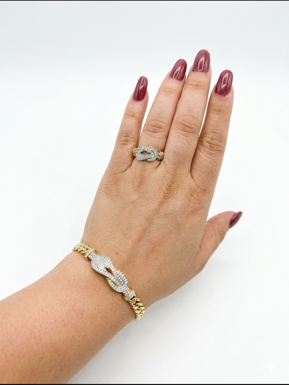 Gold and Silver Pave Knot Bracelet and Ring Set
